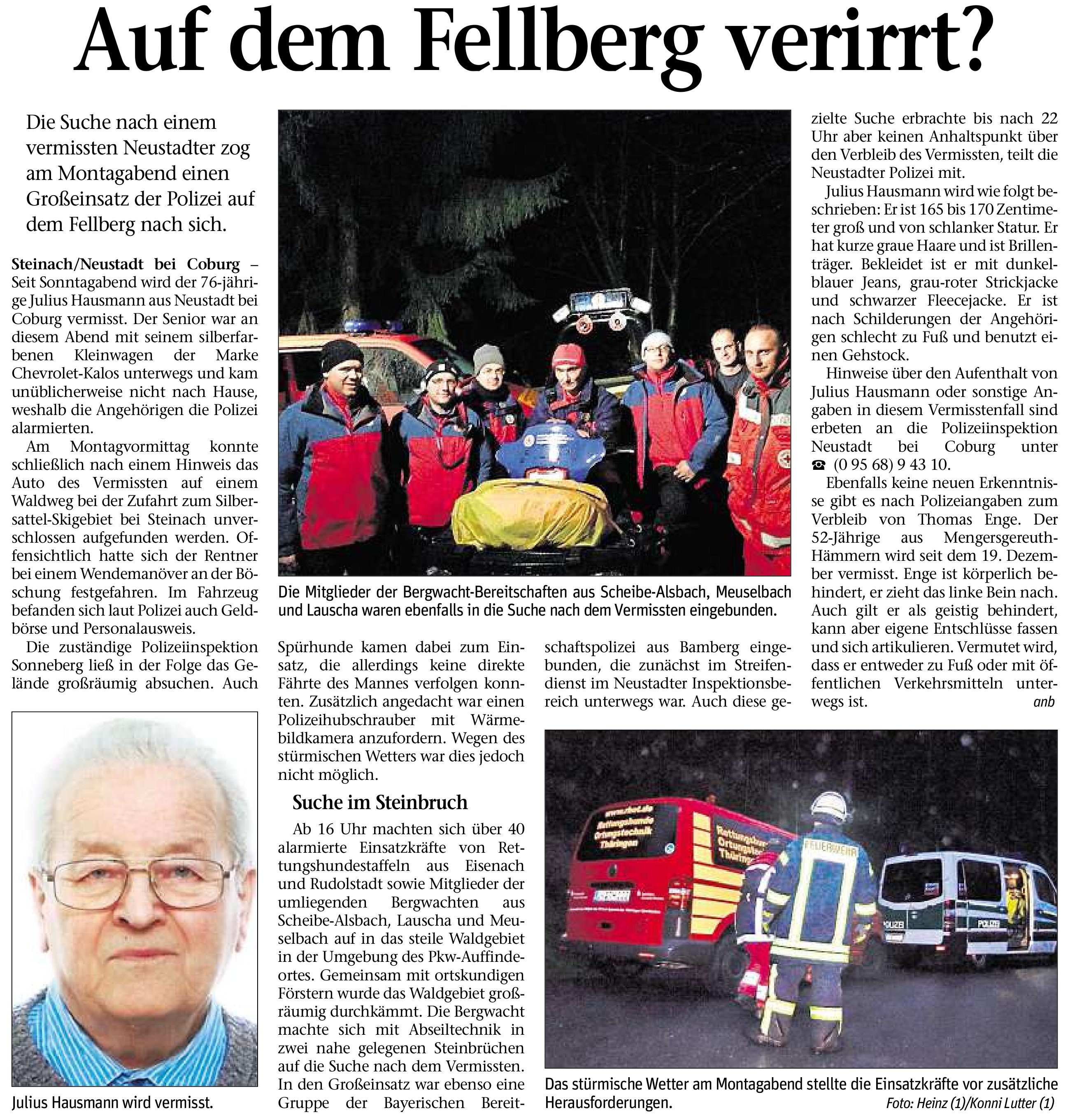 Am Fellberg vermisst?? - Freies Wort vom 24.12.2014 Am Fellberg vermisst?? - Freies Wort vom 24.12.2014